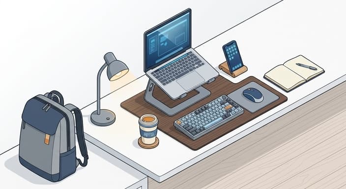 A graduate-ready tech setup featuring an ergonomic laptop stand and a mechanical keyboard.