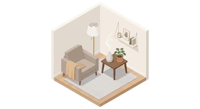 A calming wellness nook with an aromatherapy diffuser and plant for unwinding after graduation.