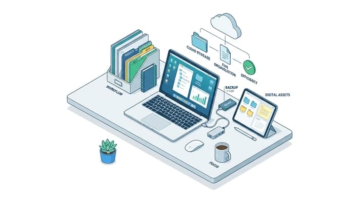 A clean, organized workstation illustrating digital life management for a fresh start.