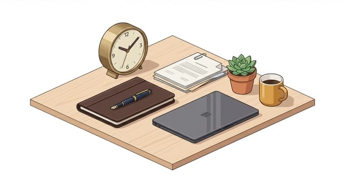 A refined desk setup with a clock, leather portfolio, and writing tools signaling professional readiness.
