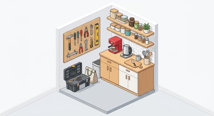 A well-organized independent-living corner with kitchen essentials and a basic toolkit.