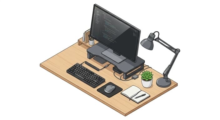 A sleek desk upgrade featuring an ergonomic monitor setup and task lighting.