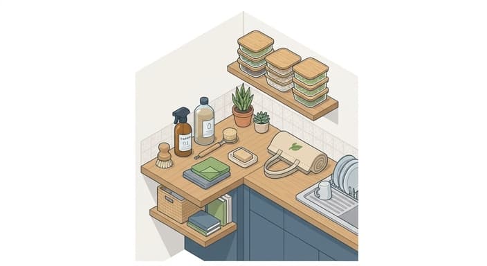 Eco-friendly cleaning supplies and meal-prep containers in a first apartment setup.