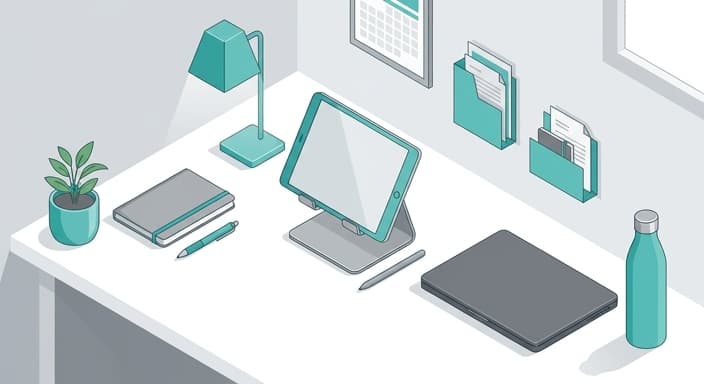 A dorm desk setup ready for study and organization, featuring a tablet with stylus.