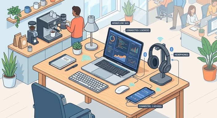 Workspace showing multi-device connectivity and focused work with a coffee machine in the background.