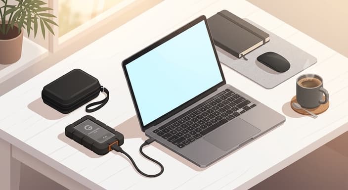 Graduate workstation with a rugged external SSD for secure offline storage.