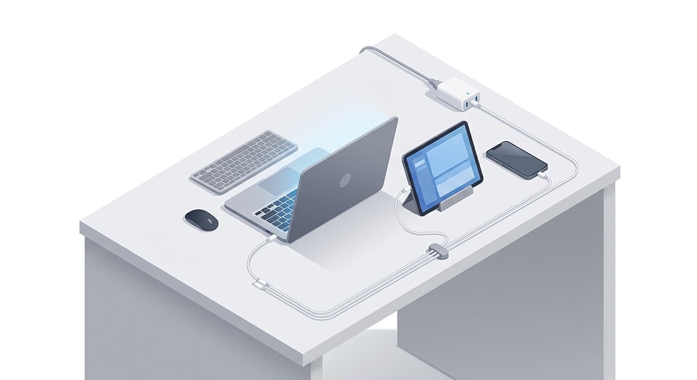 A sleek GaN charging hub powers a laptop, tablet, and phone from one compact setup.