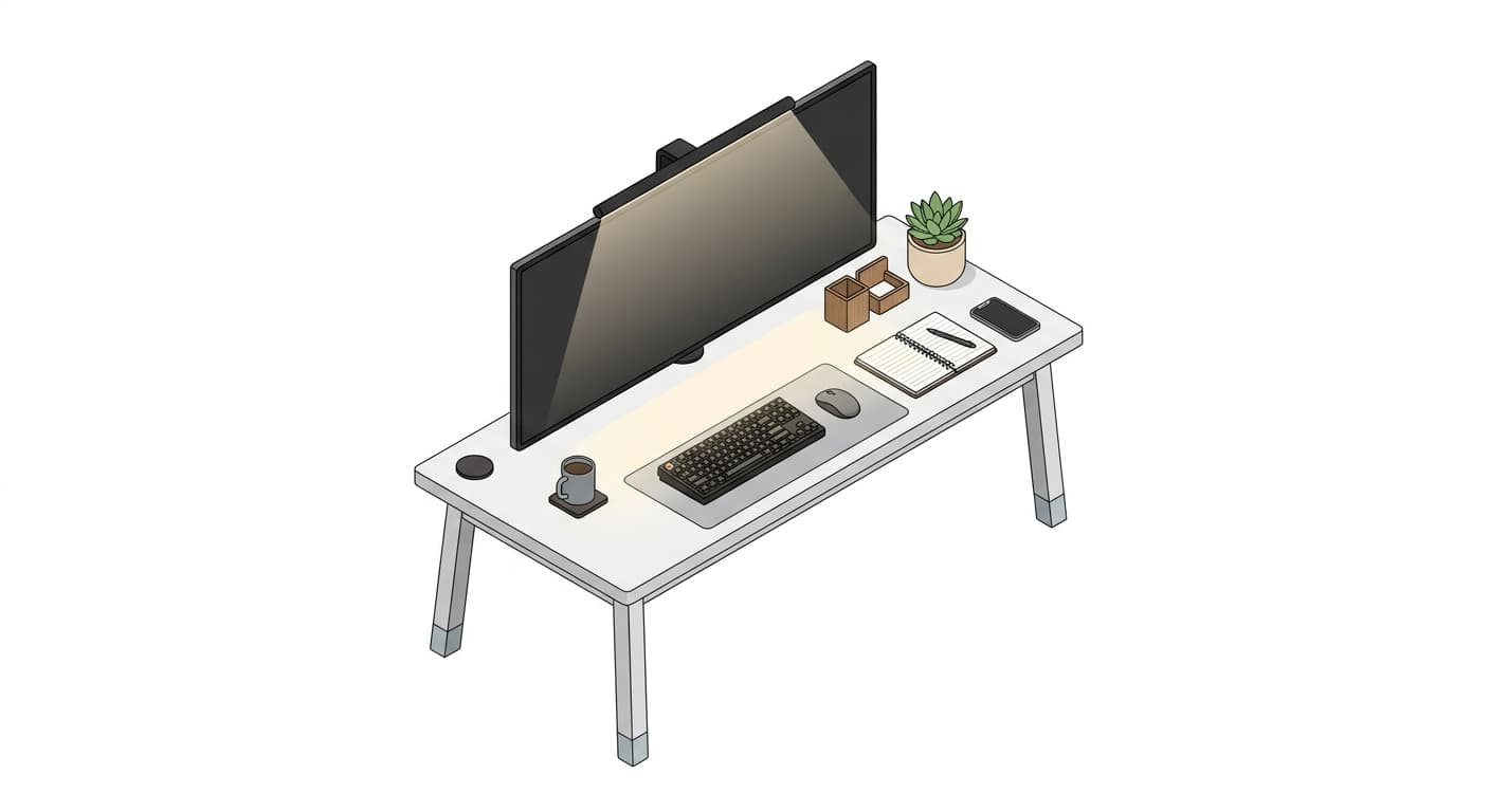 A monitor light bar provides glare-free illumination for focused work.