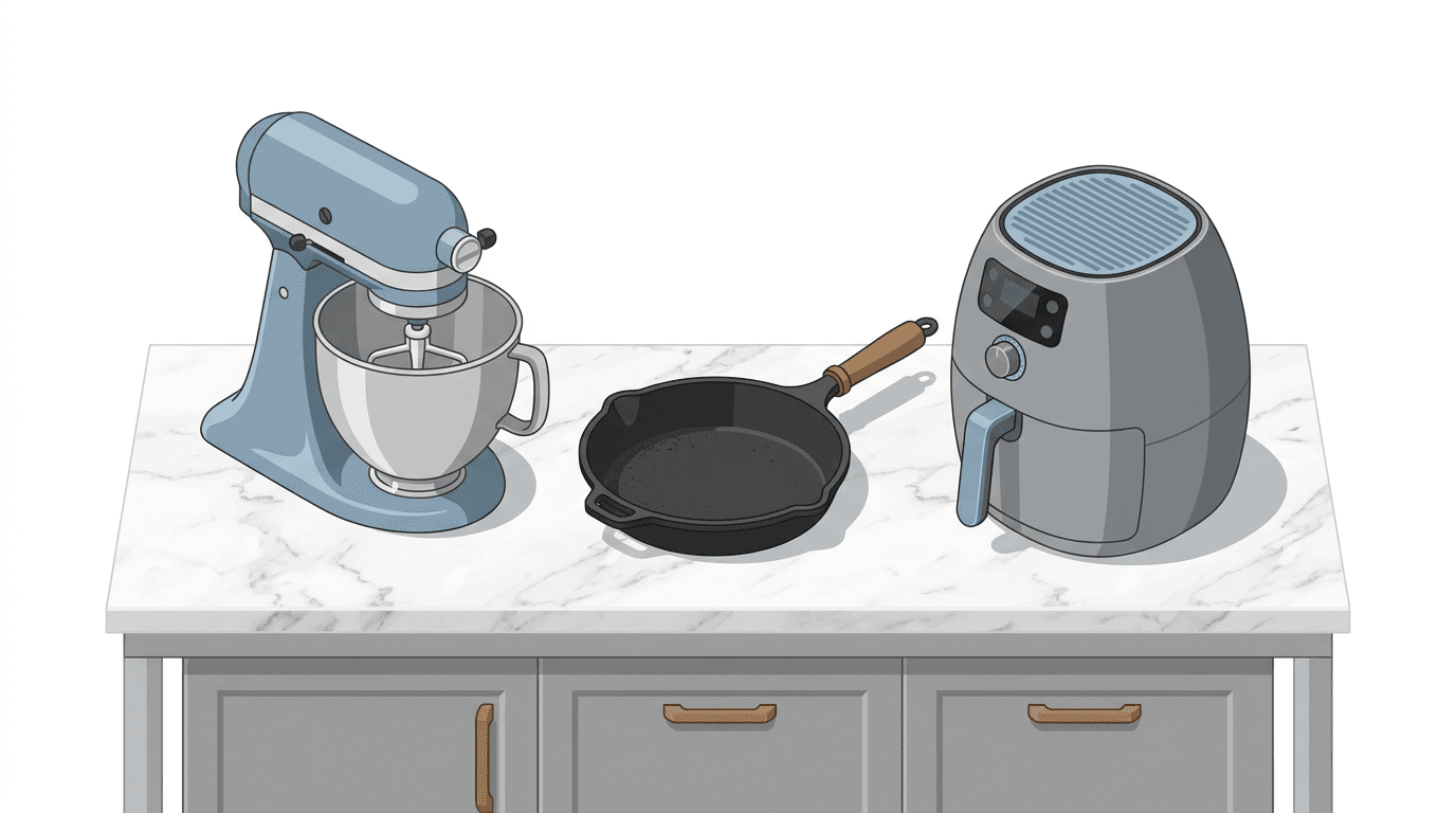 A curated selection of essential kitchen appliances and cookware for a new home.