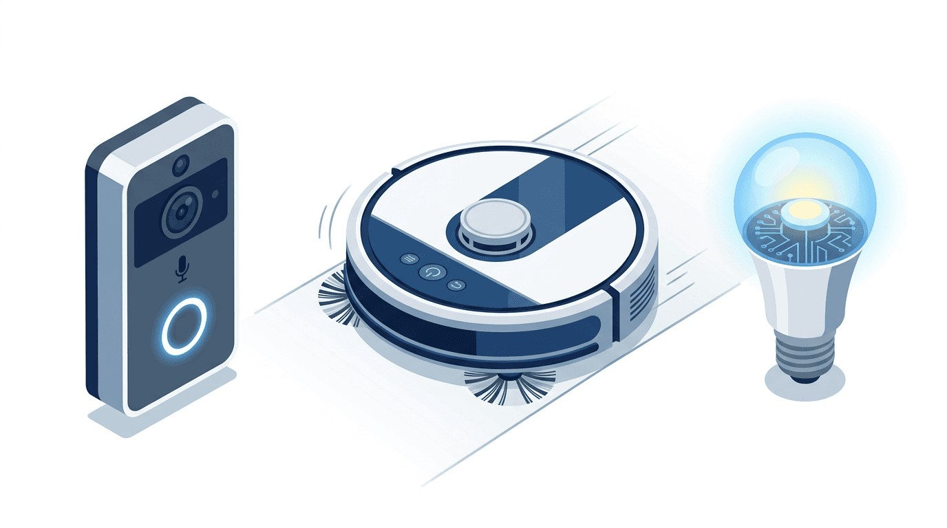 Modern smart home essentials including security and automated cleaning devices.