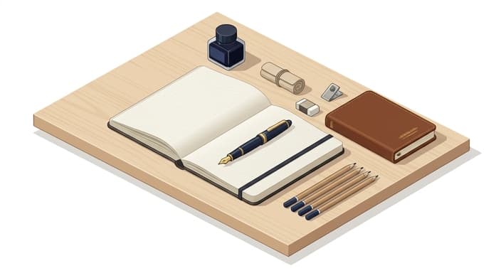 Sketchbook and weighted fountain pen ready for deliberate drawing.