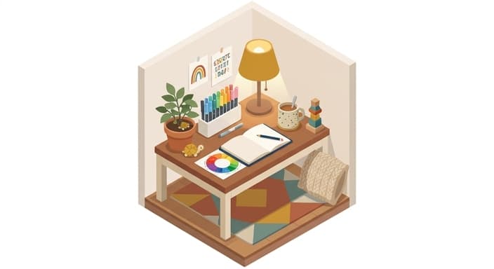 A cozy kidulting corner with tools left out for spontaneous creativity.