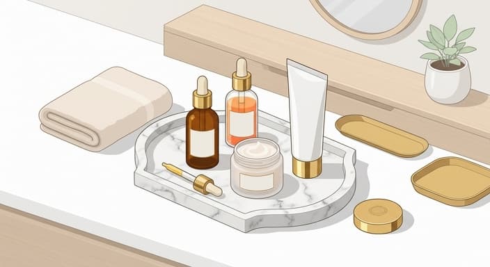 A luxe vanity displays premium skincare arranged on a marble tray for indulgent self-care.