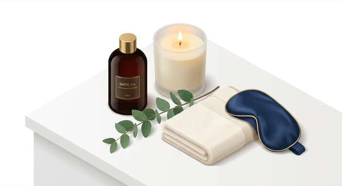 A serene bath ritual setup featuring bath oil, a scented candle, and a silk eye mask for indulgent self-care.