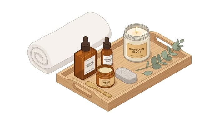 A serene at home spa setup with botanical skincare products arranged on a tray.