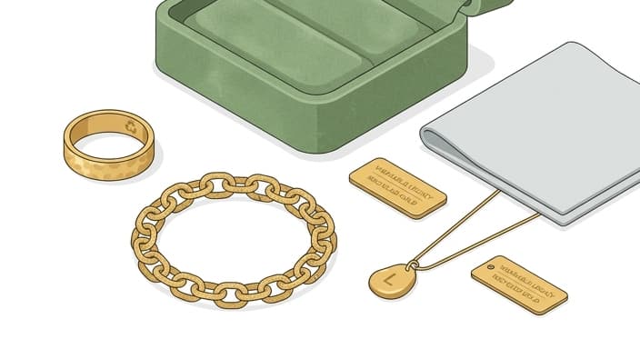 A curated display of timeless fine jewelry in sustainable materials ready for engraving.