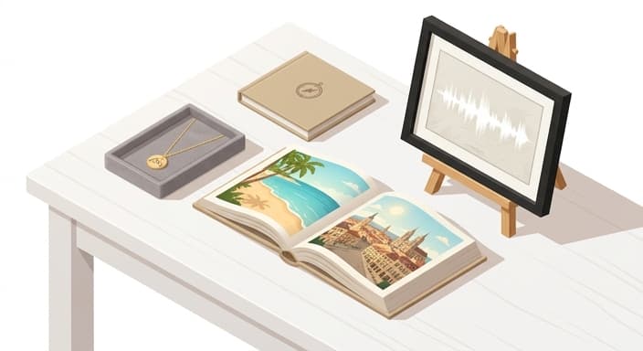 A travel memories display with an open photo book, a soundwave print, and a birthstone pendant on a clean surface.