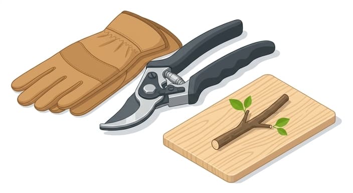 A refined still life of premium bypass pruners with gloves and a freshly cut branch, inviting mindful pruning.