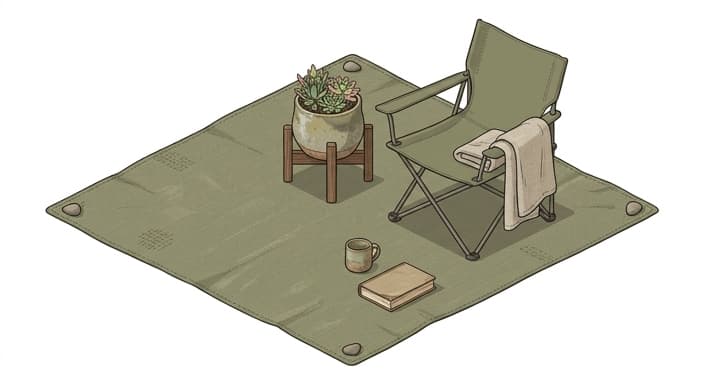 A serene, compact outdoor setup with a weighted picnic blanket, a foldable chair, and a subtly imperfect wooden planter on a stand, embodying mindful spring gifts.
