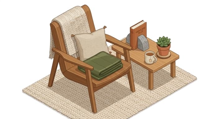 Cozy reading nook featuring a weighted silk throw and natural materials.