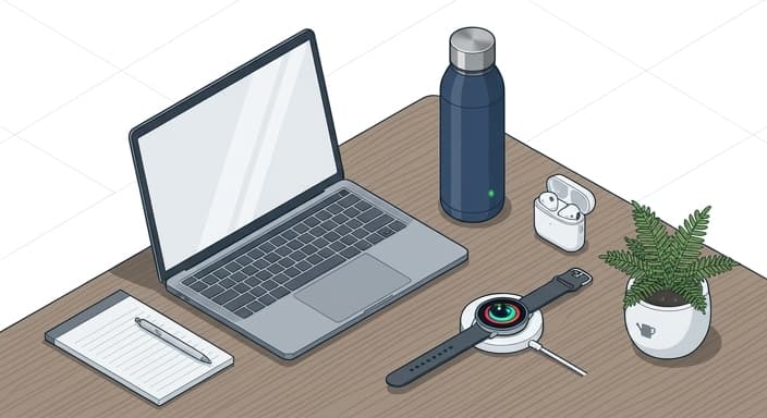 A sleek desk setup with a smart bottle, wireless earbuds, and a smartwatch ready for work or a garden break.