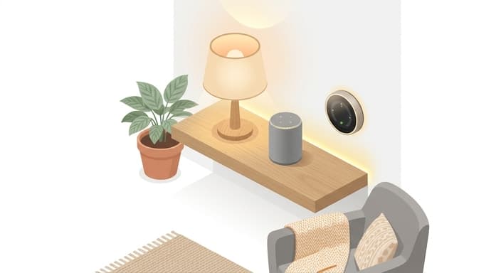 A serene, tech-enabled living space featuring ambient lighting and quiet control for a restorative home environment.