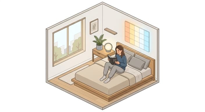 Circadian-smart lighting enhances a quiet bedroom reading moment.