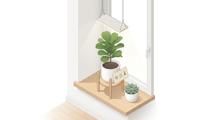 An isometric display of a plant under a grow light with a simple care card, ready to gift.