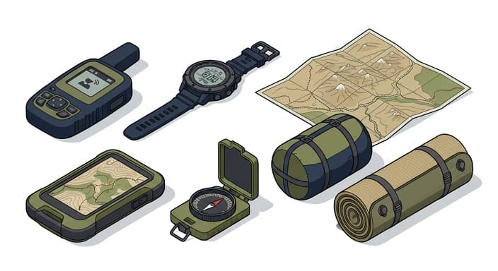 Rugged backcountry gear organized for navigation and a high-performance sleep system.