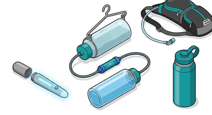 Hydration and water-purification gear laid out for safe backcountry drinking.
