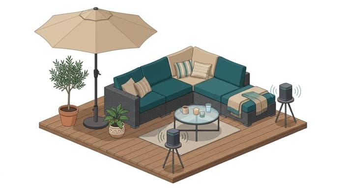 A sunlit, weather ready outdoor lounge setup with ergonomic seating and ambient portable speakers.