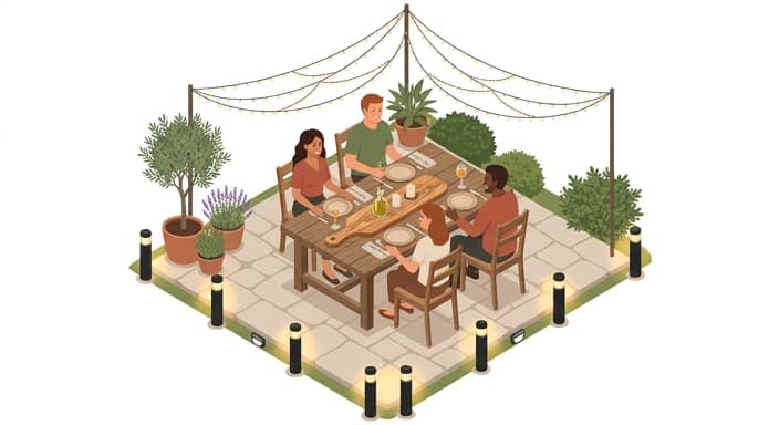 An intimate outdoor dining moment under a light ceiling, with motion sensor path lighting and a sturdy olive wood serving board.