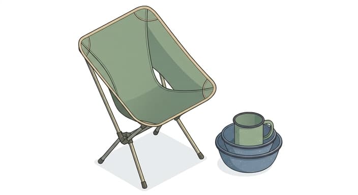 Ready-to-relax camp setup featuring a foldable chair and nesting enamelware for the trail.