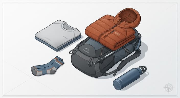 Compact, breathable spring hiking gear displayed for all-day comfort.