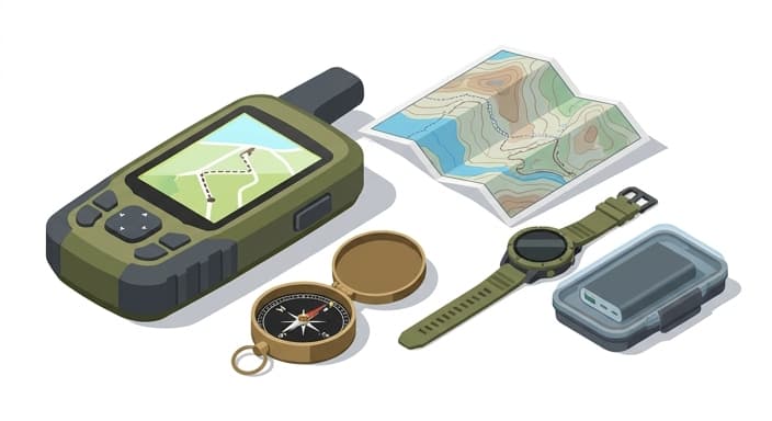 Rugged navigation gear laid out for an outdoor trek, ready for wet conditions.