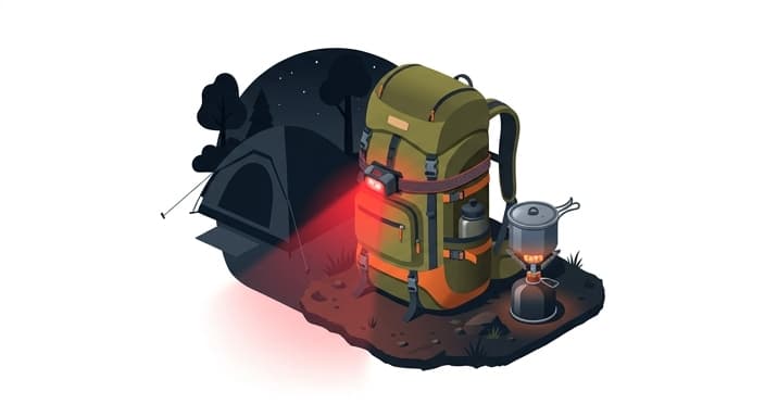 Nighttime camp setup highlighting a headlamp’s red-light mode for preserved night vision.