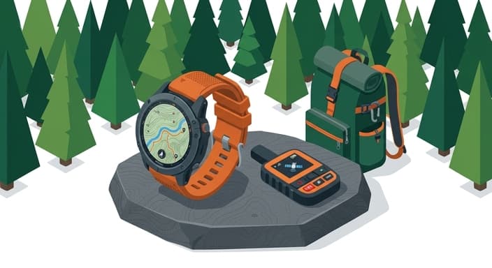A rugged outdoor smartwatch with topo mapping and a satellite messenger sits beside a compact beacon amid pine trees.