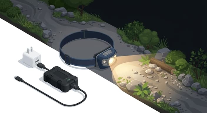 A high-CRI headlamp casts a clear, natural beam with a rechargeable battery pack beside it.