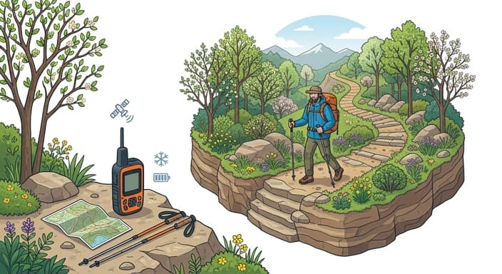 A hiker uses a satellite communicator along a spring trail.