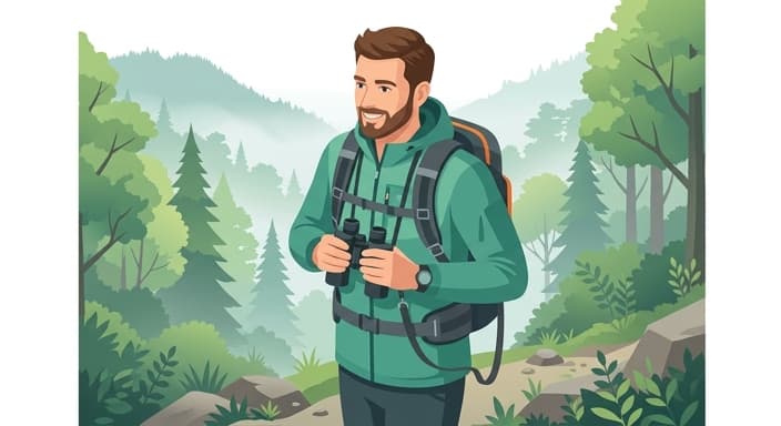 A hiker surveys distant ridgelines using binoculars mounted on a shoulder harness during a misty spring morning.