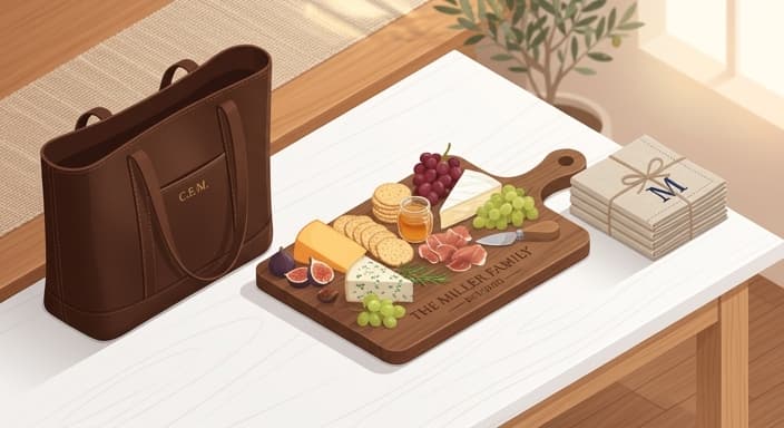 Hostess-ready personalized gifts arranged for a stylish gathering.