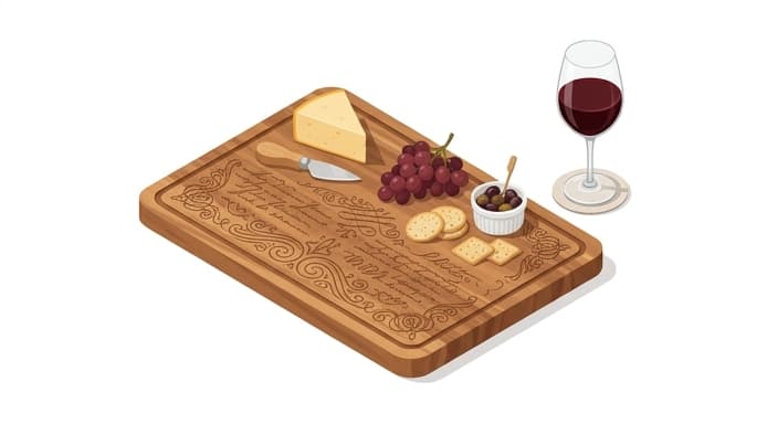 A personalized wooden serving board engraved with decorative, handwriting-inspired motifs suggesting a family recipe.