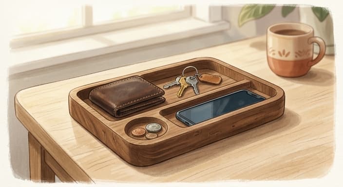 A wooden valet tray on a desk holds a wallet, keys, and coins.