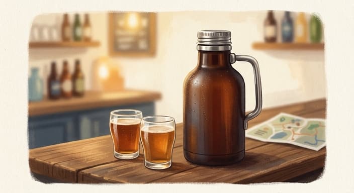 An insulated beer growler with two tasting glasses on a wooden table, ready for a brewery visit.