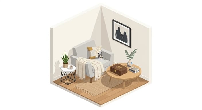 A refined living room centerpiece featuring a subtly personalized keepsake and throw.