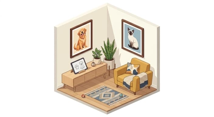A wall gallery displaying personalized pet portraits that capture energy and poise.