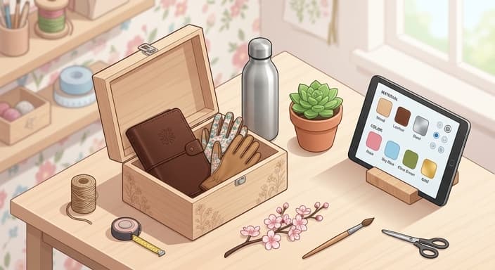 A spring-inspired personalization station with swatches and keepsakes ready for customization.