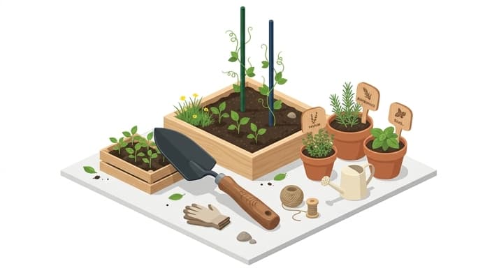 A neatly arranged spring garden toolkit with personalized garden elements.