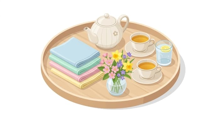 A spring brunch setup featuring a serving tray and neatly folded linen napkins.