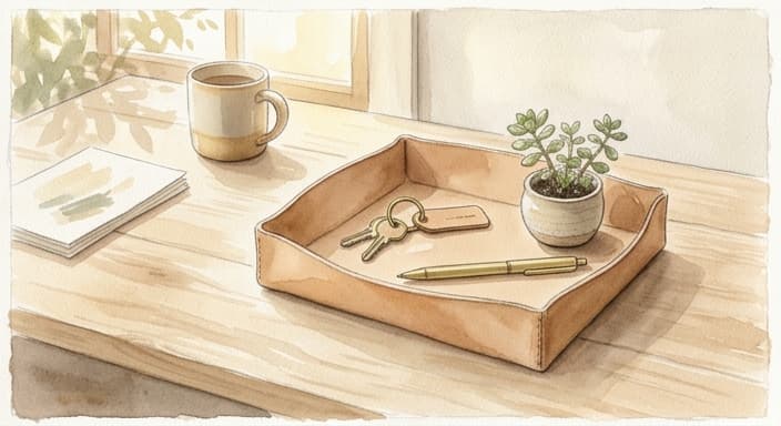 A minimalist leather valet tray arranged with everyday essentials on a sunlit desk.